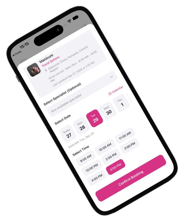 Trimly appointment screen for choosing a date and time