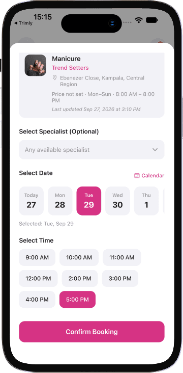Trimly booking screen with appointment dates and available times