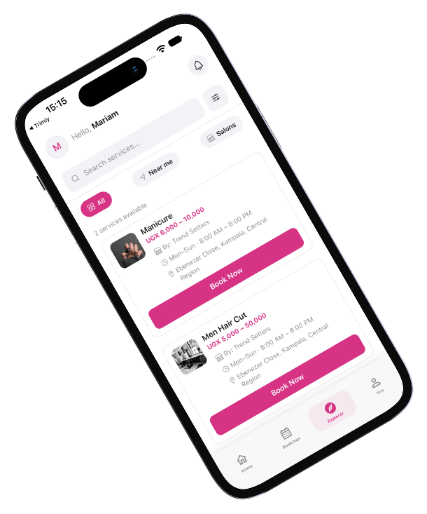 Trimly salon discovery screen with available beauty services