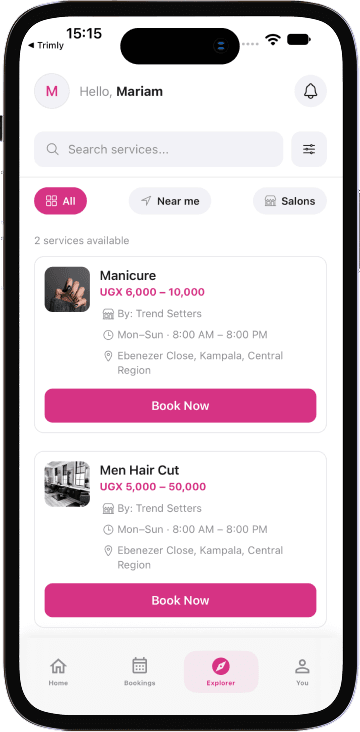 Trimly Explore screen listing nearby salons and services