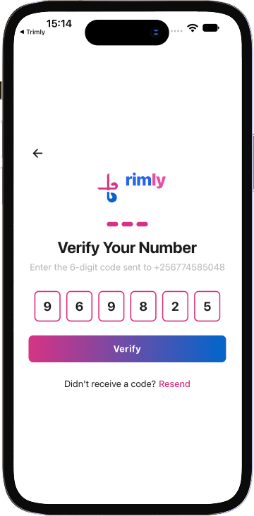 Trimly phone verification screen with a one-time code