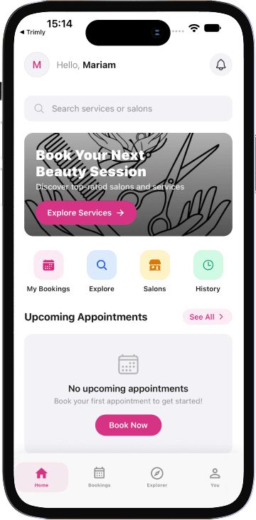 Trimly home screen showing the upcoming appointments area